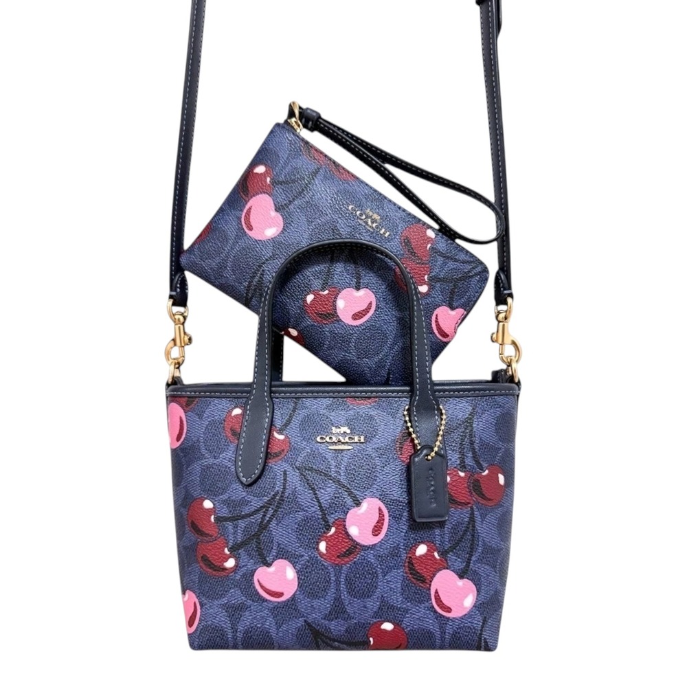 Coach City Mini Tote Wristlet Set Cherry Print Denim Crossbody CY737